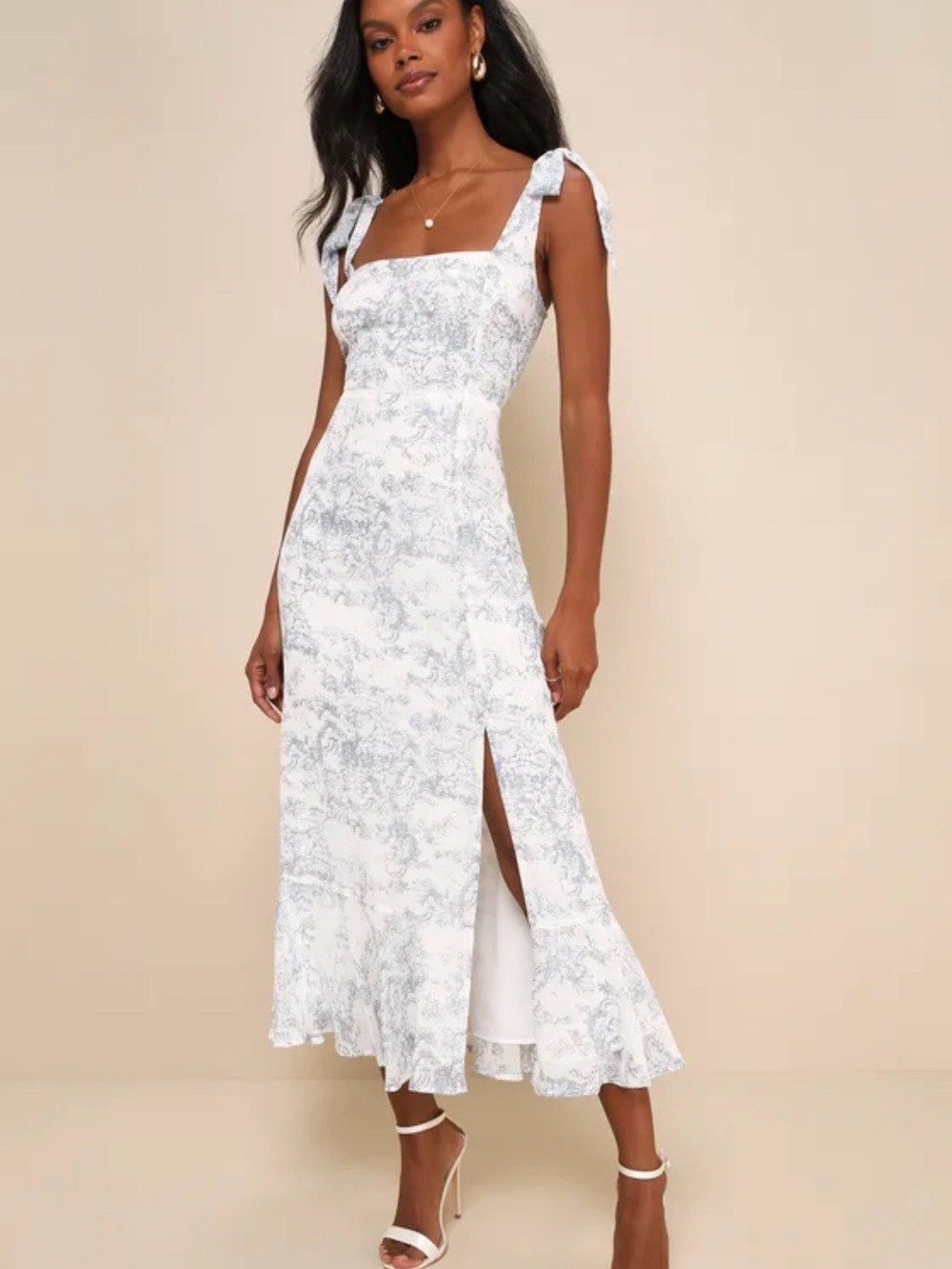 Lulu's White and Light Gray Floral Tie-Shoulder Midi Dress
